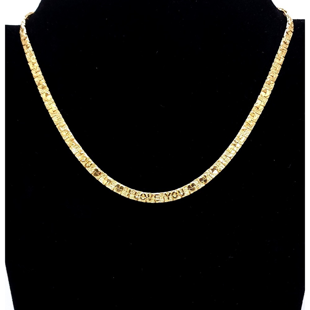Vintage Gold Tone I Love You Heart Herringbone Necklace
